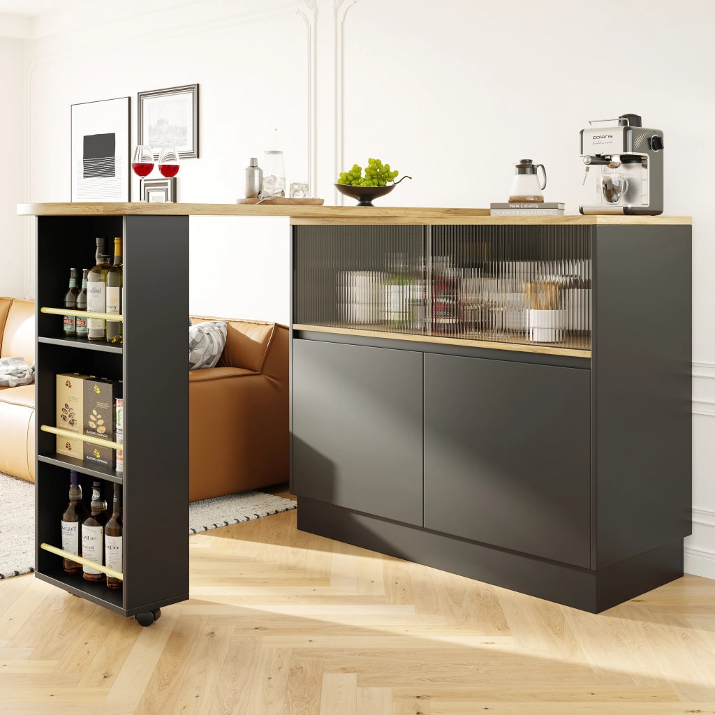 Mobile bar girevole a 360 gradi con porta scorrevole in vetro ripiani cassetti e vani chiusi in MDF nero