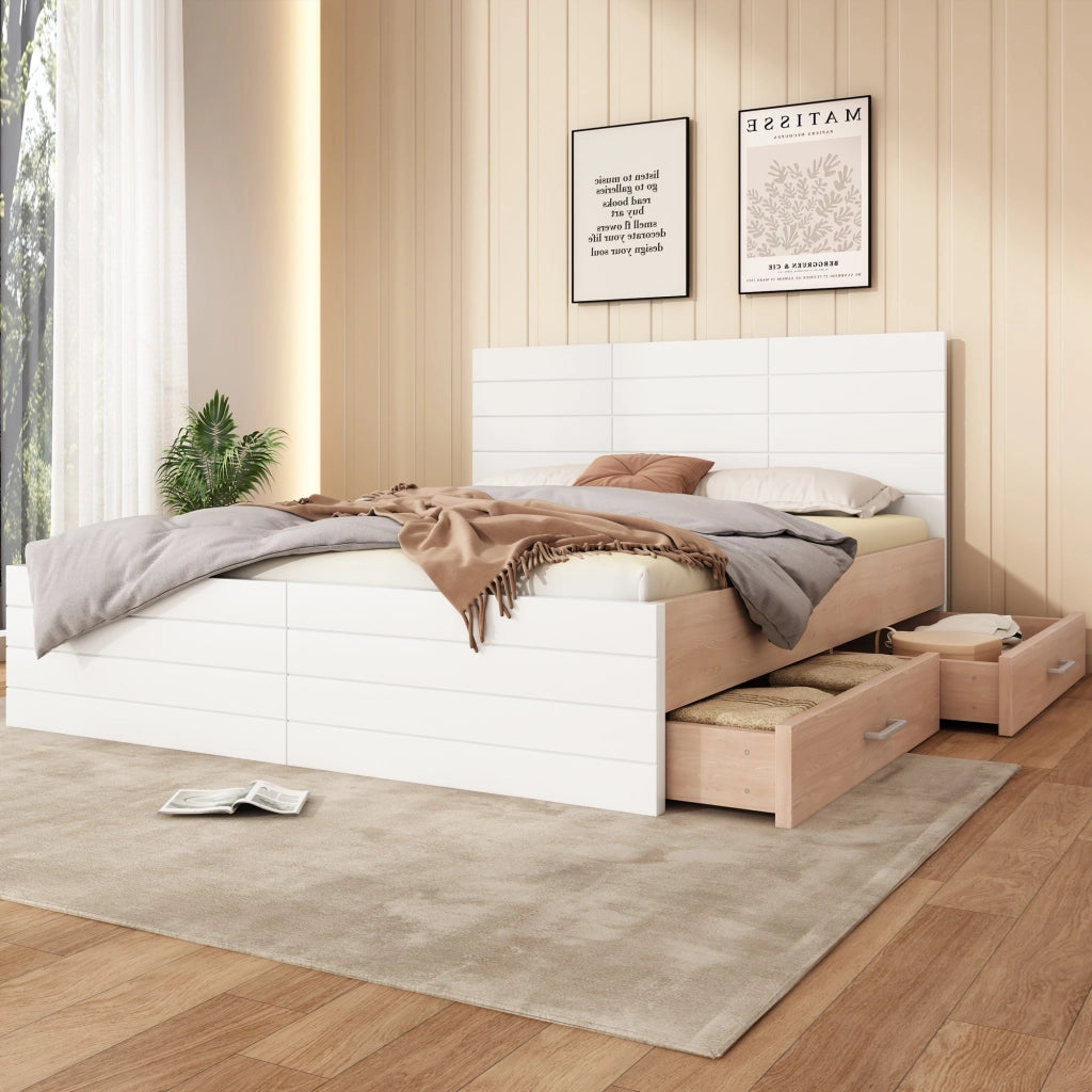 Letto matrimoniale 160 × 200 cm con 2 cassetti, materasso incluso, in legno massiccio e MDF, bianco e rovere