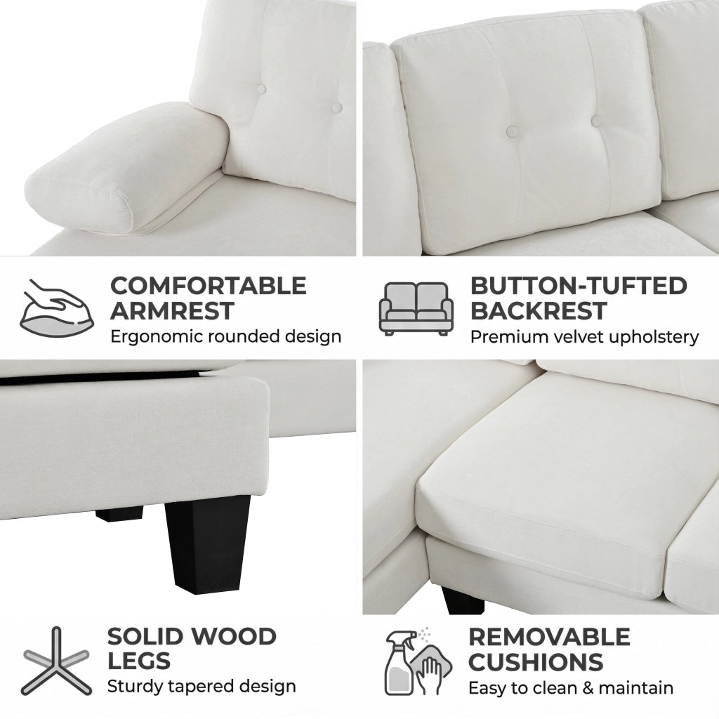 Divano panoramico con doppia chaise longue in ciniglia beige tasche laterali e braccioli rimovibili 84 × 268 × 128 cm