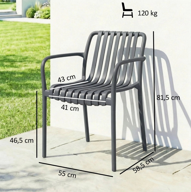Set di 4 Sedie da Giardino Impilabili con Braccioli e Design a Lamelle, Ergonomiche, Grigio Scuro