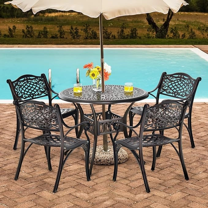 Tavolo da Pranzo Giaridno 91 cm, Tavolo da Bistro con Foro per Ombrellone da 5 cm, Tavolino Rotondo per Giardino Balcone Terazza, Portata 75 kg