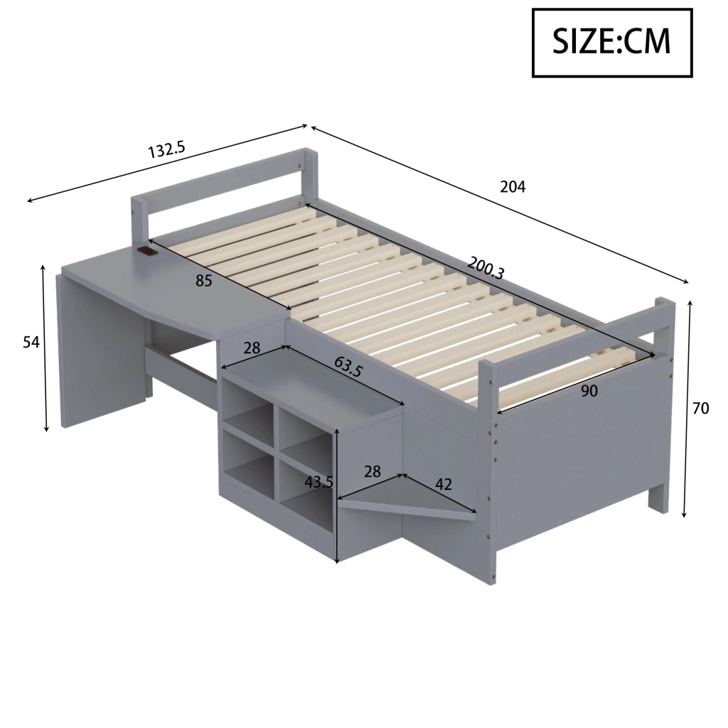 Letto multifunzionale per bambini 90 × 200 cm con scrivania contenitori prese USB gradini grigio in legno