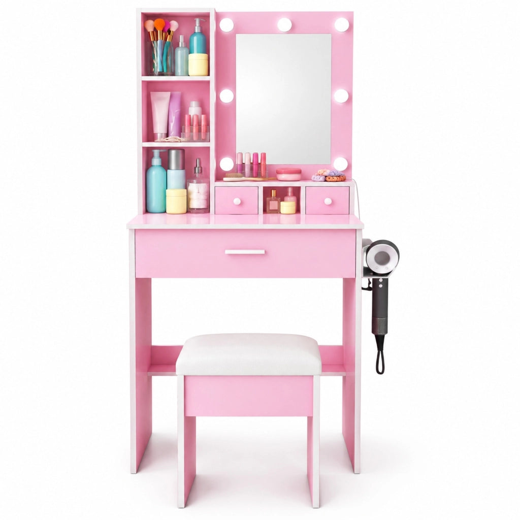 Toeletta rosa con specchio LED a 3 tonalità; presa integrata; supporto asciugacapelli; cassetti e sgabello imbottito in MDF