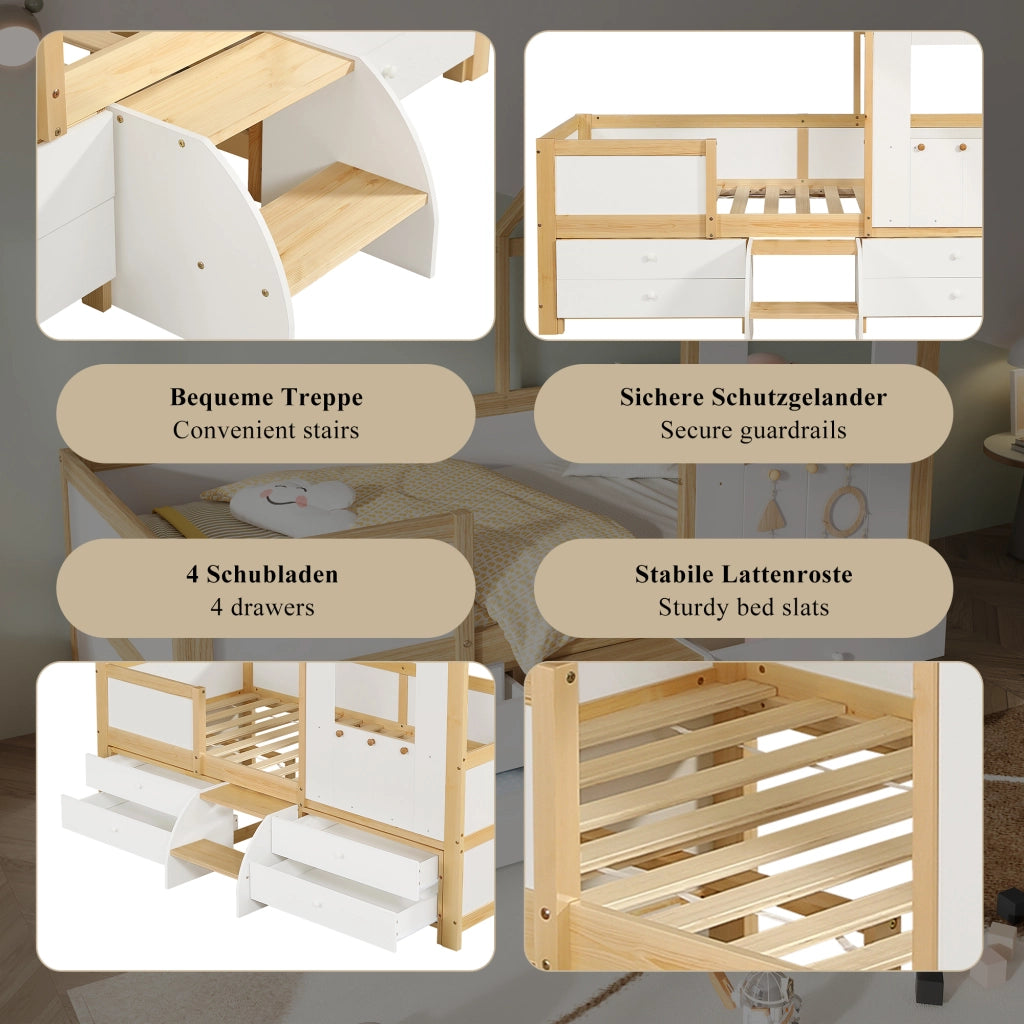 Letto a casetta 90 ¡Á 200 cm con cassetto e scala in legno bianco con rete a doghe e barriera laterale