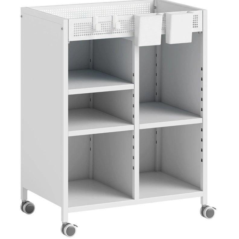 Libreria mobile in metallo bianco con ripiani regolabili, cesti e ruote bloccabili salvaspazio