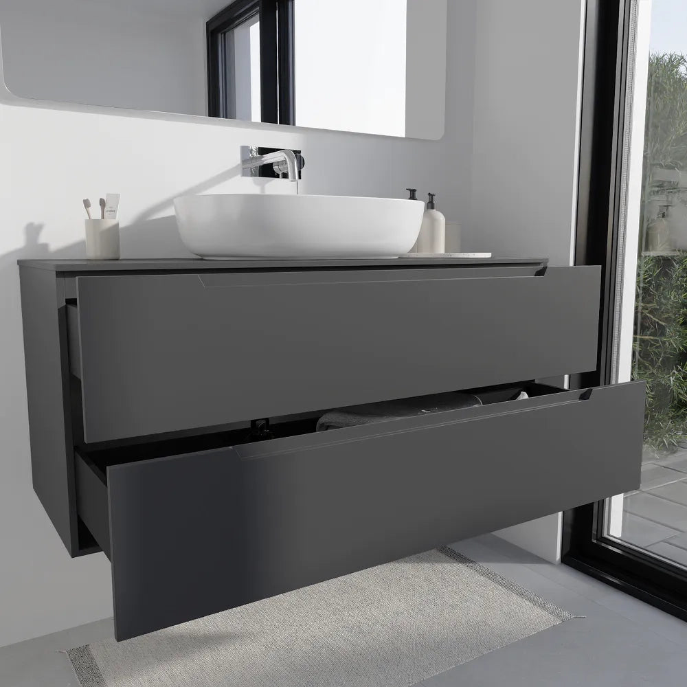Mobile bagno sospeso 120cm grigio opaco due cassetti soft-close con top | Bako
