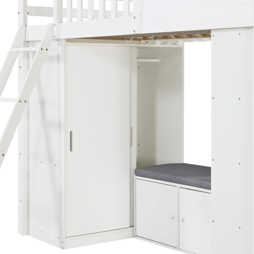 Letto a soppalco per bambini 90 × 200 cm con armadio scaffali panca contenitore in legno bianco e naturale