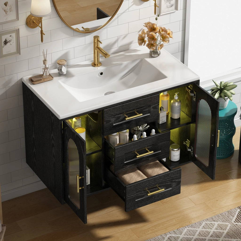 Mobile bagno sospeso 76 cm con lavabo in ceramica, LED e vetro rigato nero