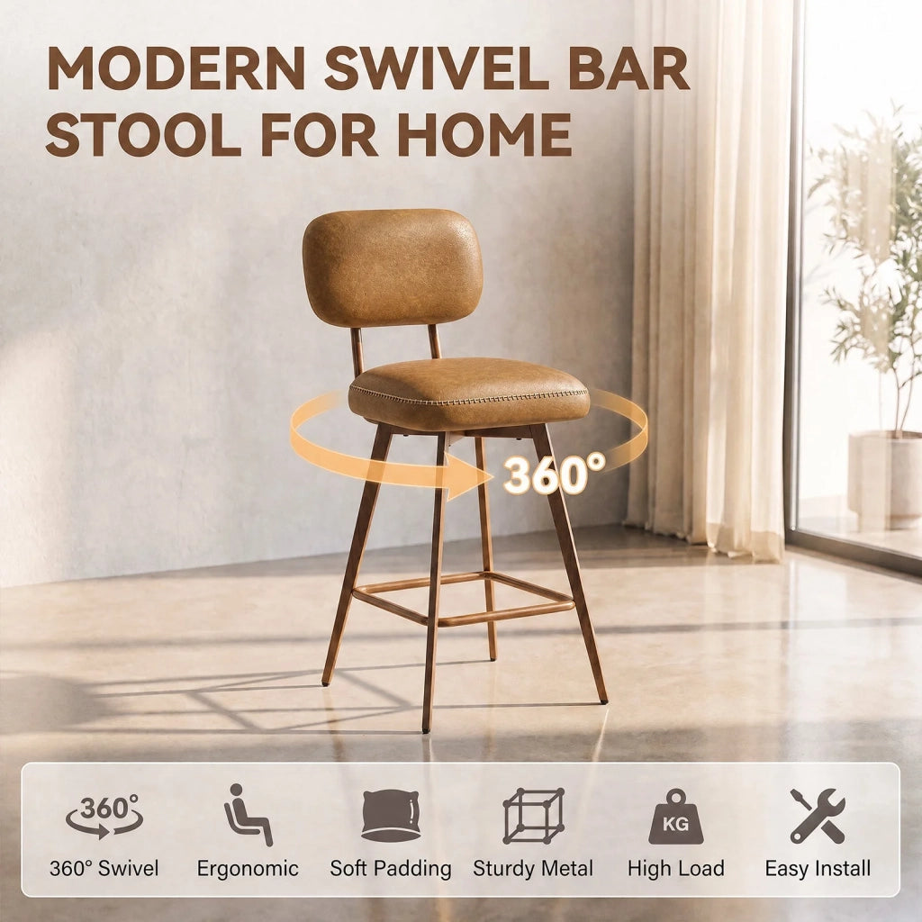 Set di 2 sgabelli da bar girevoli in similpelle PU, altezza bancone, stile Mid-Century, schienale basso e gambe in metallo, nero
