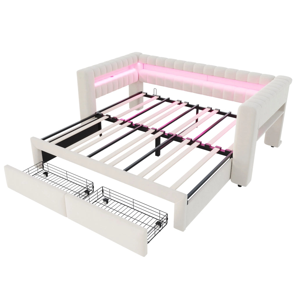 Letto divano 90 × 190 e 180 × 190 cm con letto estraibile; 2 cassetti; LED regolabile; USB e tipo C; senza materasso