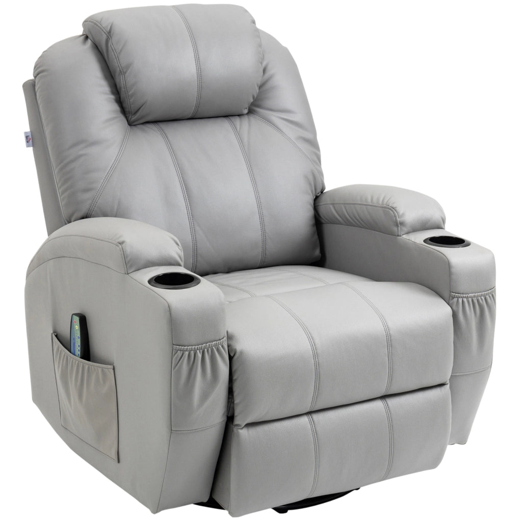 Poltrona Relax con Massaggio a 8 Punti Vibranti, 5 Modalità, Funzione Letto, Rivestimento in Pelle Sintetica Grigio Chiaro, Portata 150 kg