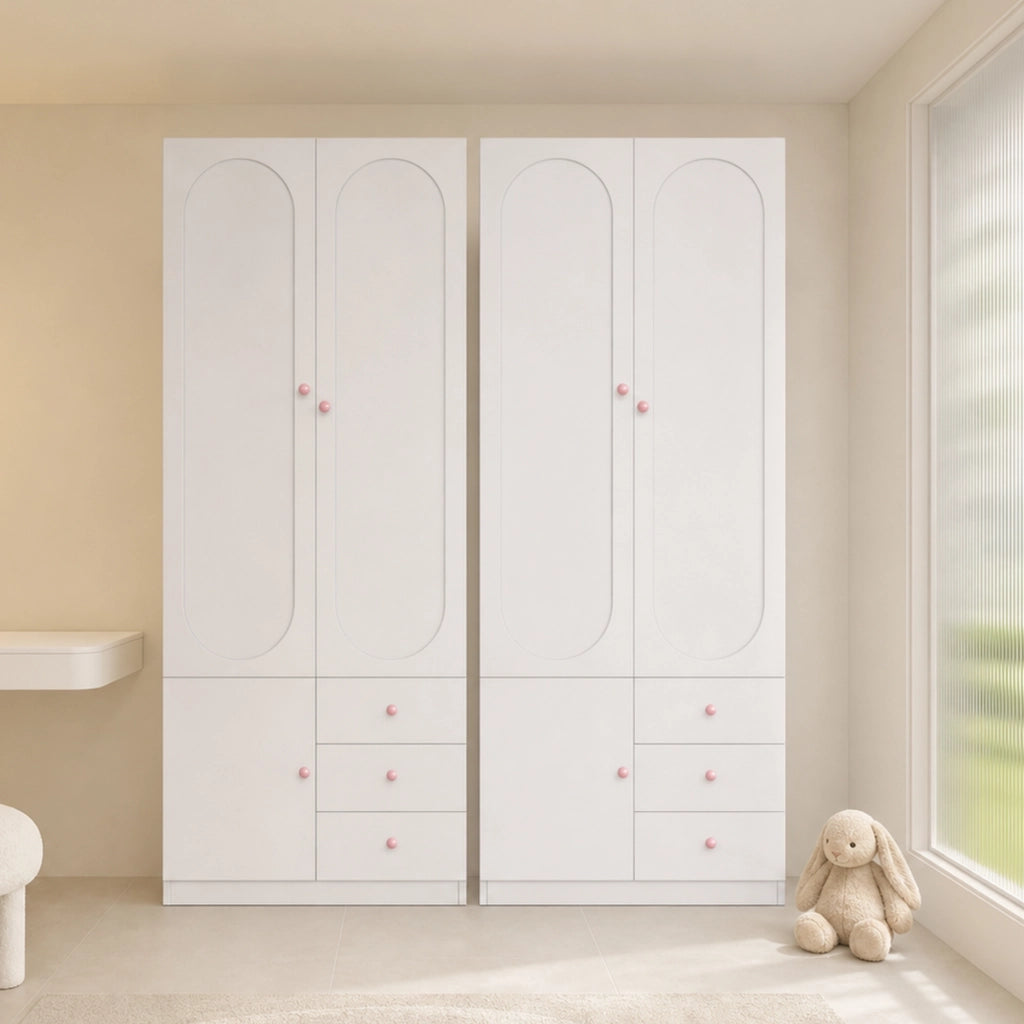 Desviae Armadio con 2 ante e 3 cassetti in MDF bianco con finitura laccata e maniglie rosa per camera