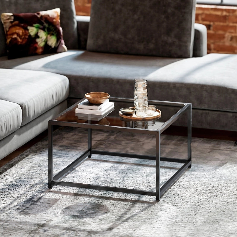 Tavolino basso fisso da soggiorno con piano in vetro temperato e struttura in acciaio nero 68 × 68 × 39 cm