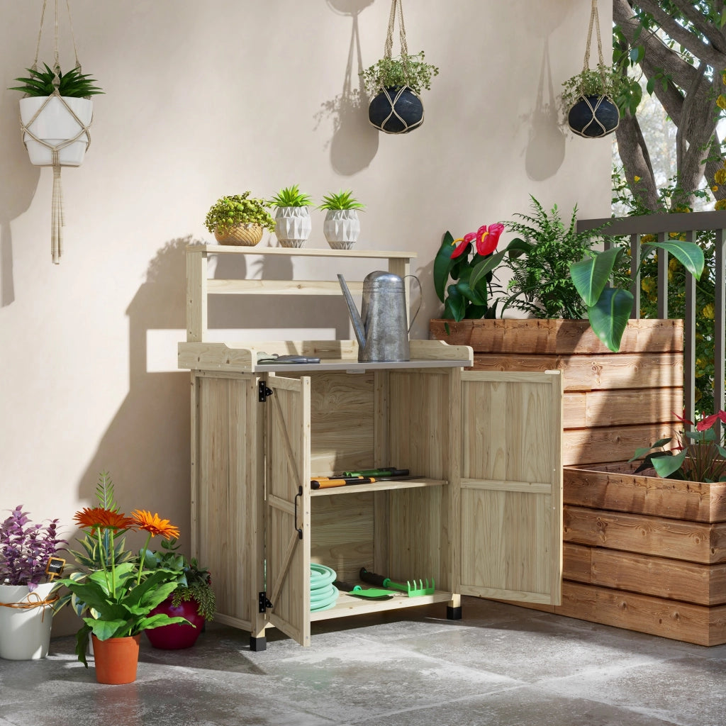 Tavolo da giardinaggio con ripiani e cassetto ¨C Xylo ¨C Legno naturale 90,5x41x124,5cm