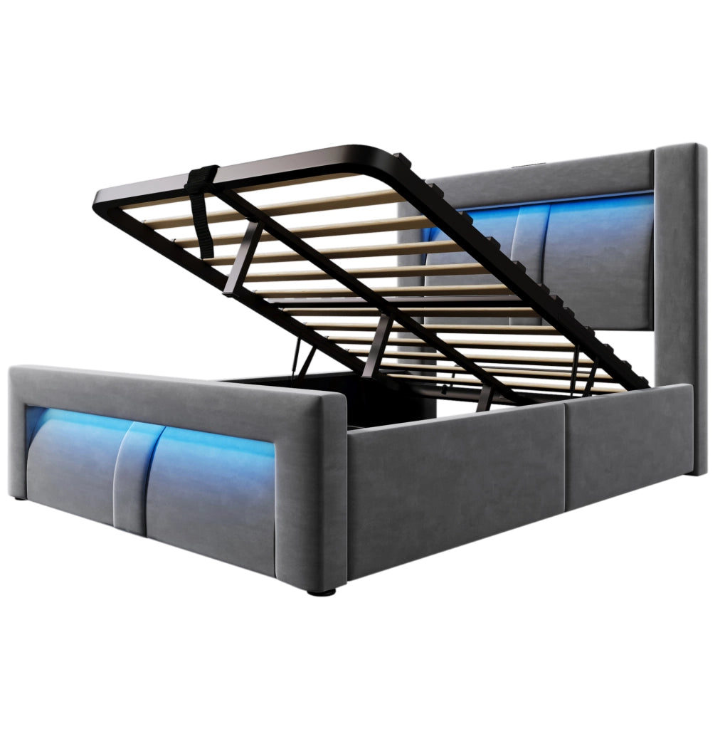 Letto singolo 90x200 cm in velluto grigio con contenitore, illuminazione LED smart e stazioni di ricarica USB e Type-C, senza materasso
