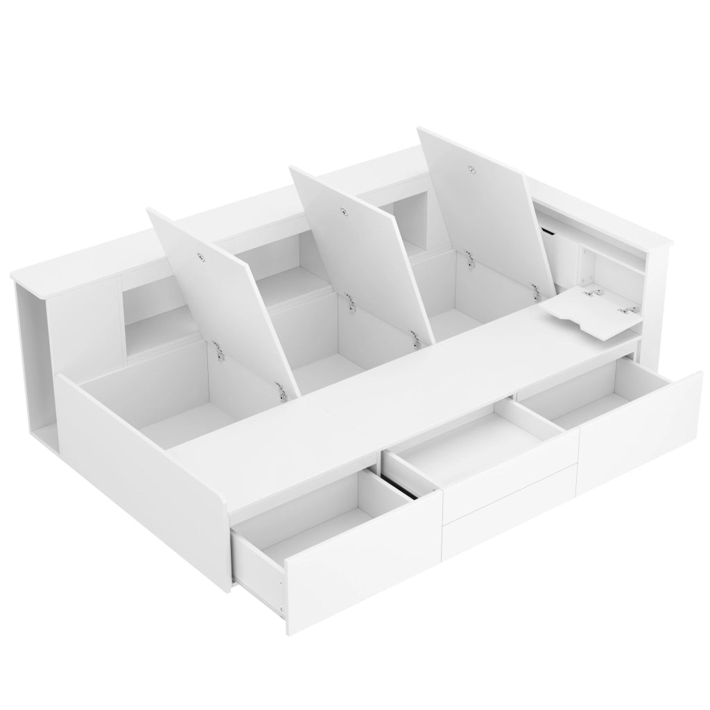 Letto singolo 90x200 cm bianco con 4 cassetti; libreria e vani portaoggetti