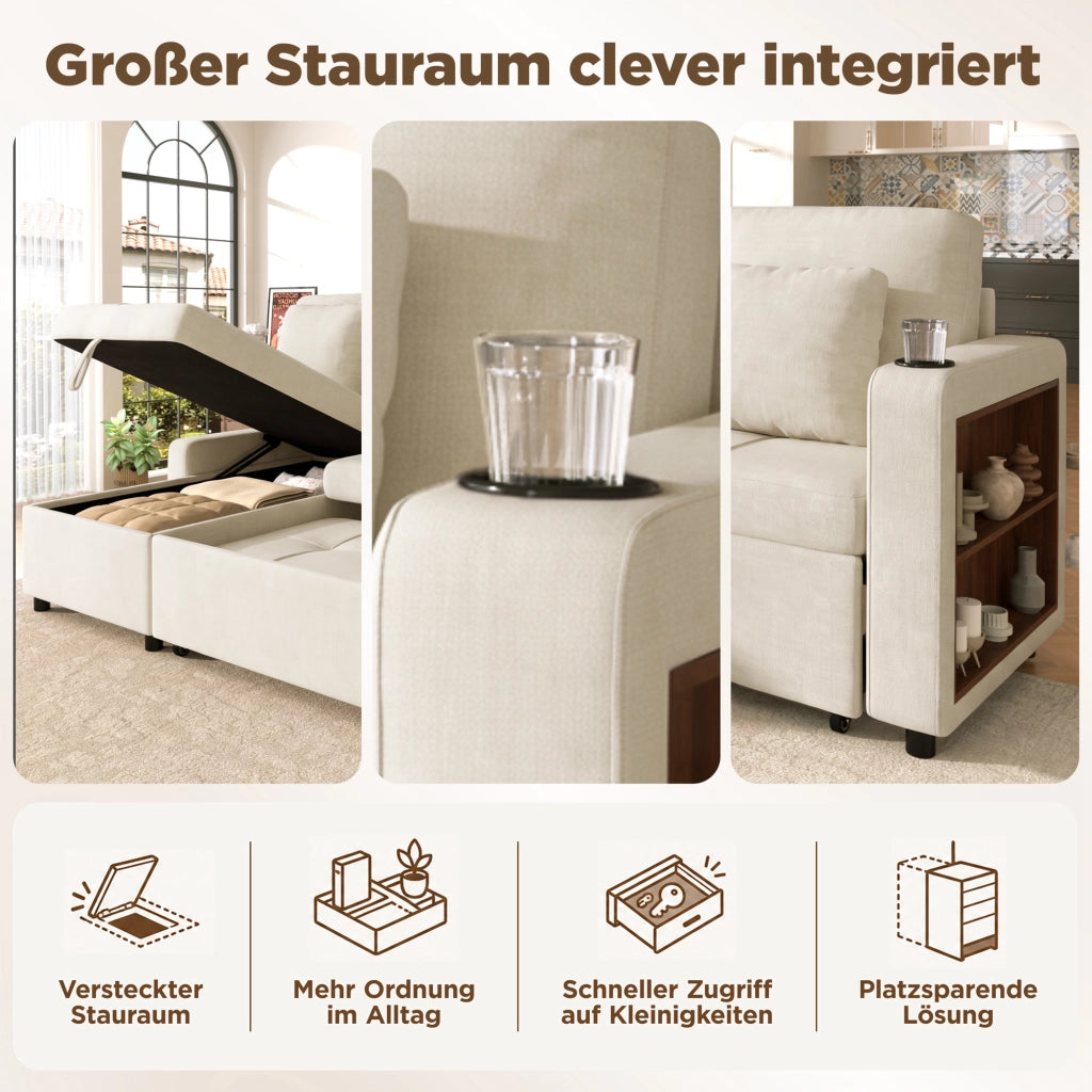 Divano letto 3 posti estraibile con vano contenitore, portabicchieri e ripiano in ciniglia beige chiaro