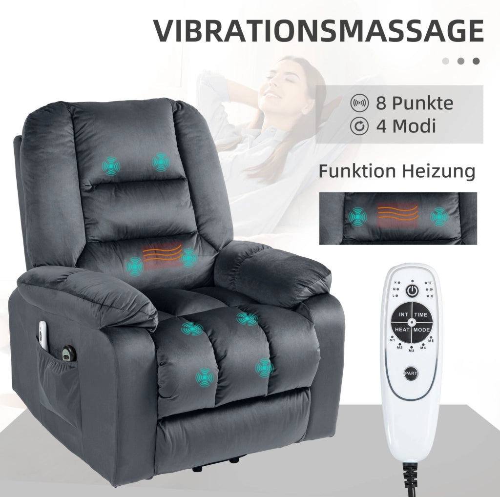 Poltrona Relax Elettrica con Funzione Alza Persona, Massaggi, Riscaldamento e Rivestimento in Velluto