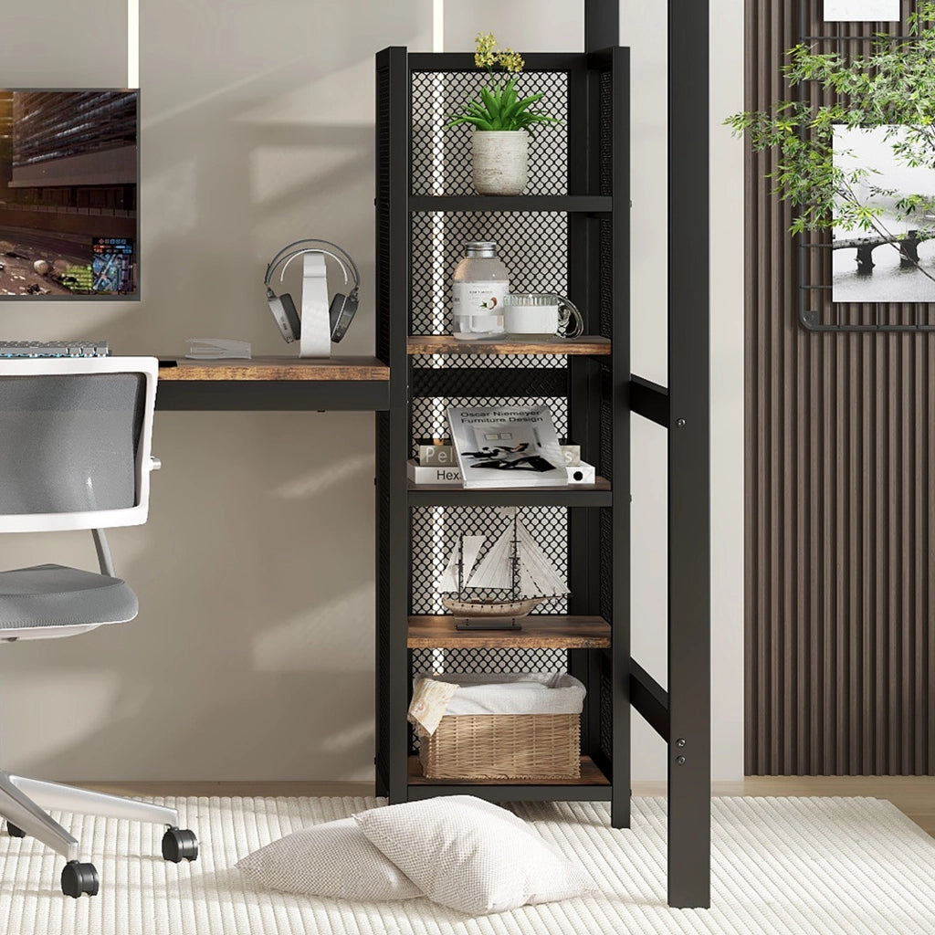 Letto a soppalco 90 × 200 cm con scrivania armadio a cinque ripiani griglia metallica in metallo e MDF nero noce scuro