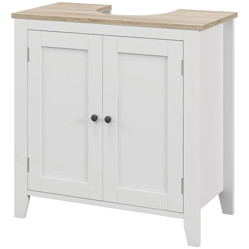 Mobile Sottolavabo Bagno con Intaglio a U Salvaspazio, Mobiletto in MDF con Ripiano Regolabile, 60x30x60 cm, Bianco e Legno
