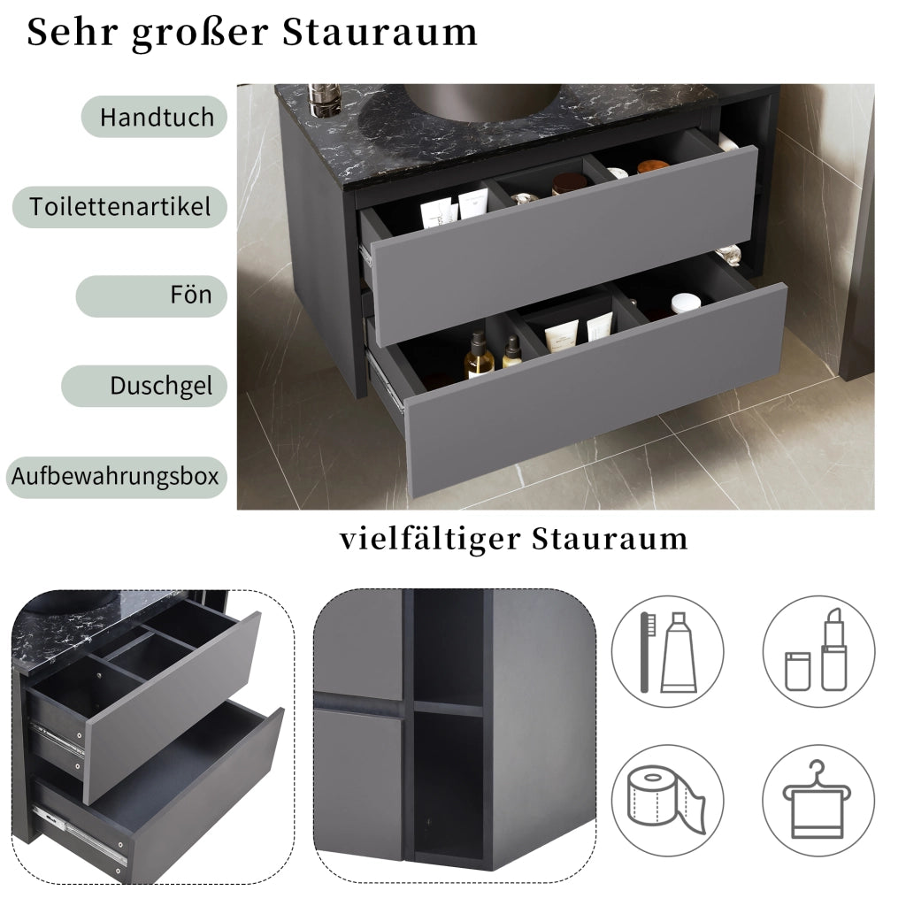 Mobiletto con lavabo rotondo in ceramica nero cassetti vano aperto piano in marmo MDF grigio 80.0 × 44.0 × 48.5 cm