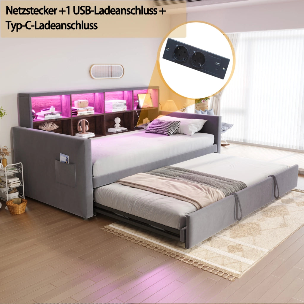 DESMIU Lit divano 90 × 190 cm 1 posto con vano contenitore, LED, USB, Type-C e lit estensibile, senza materasso, grigio