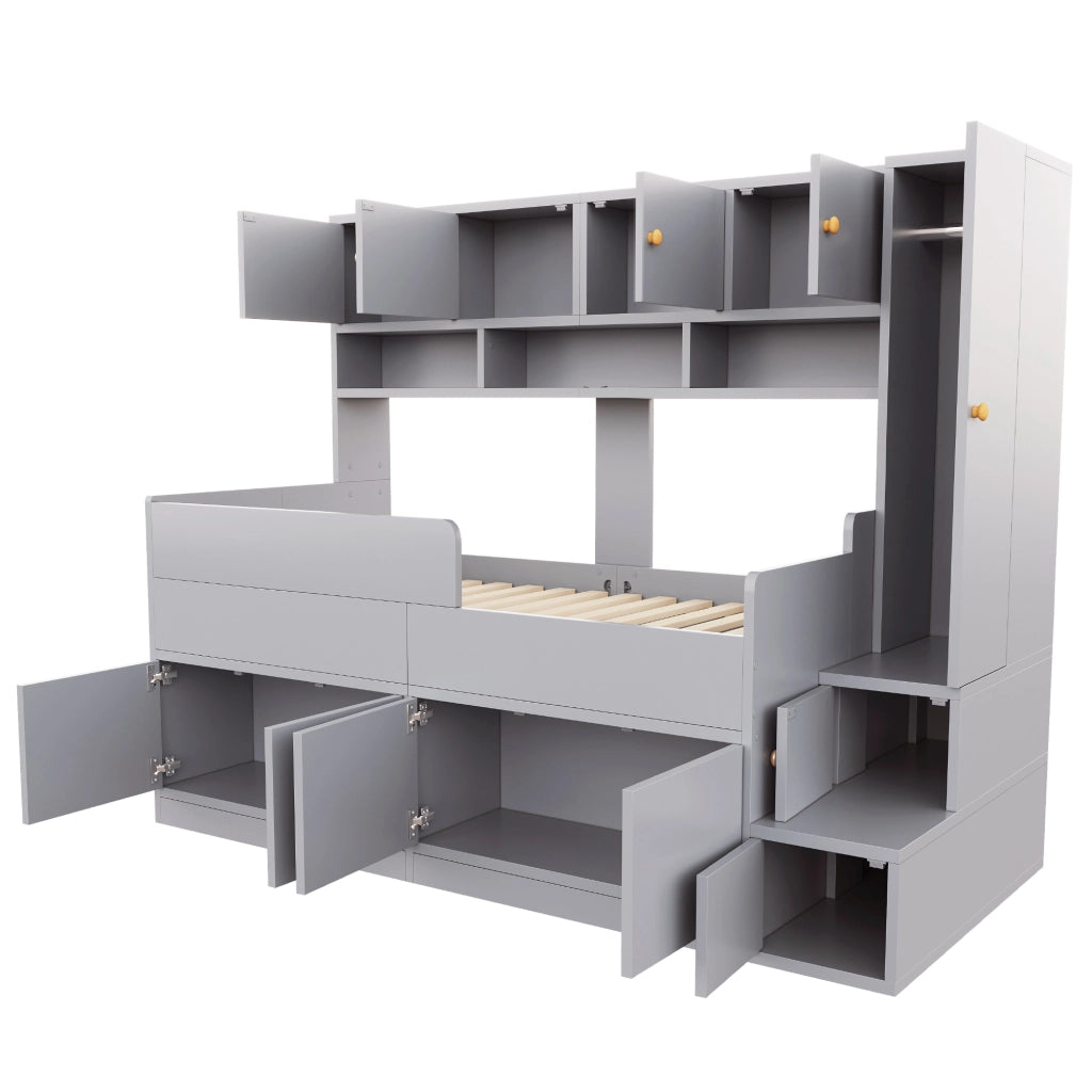 Letto a soppalco 90 × 200 cm con armadio scale contenitore LED in legno grigio con barriera e rete a doghe
