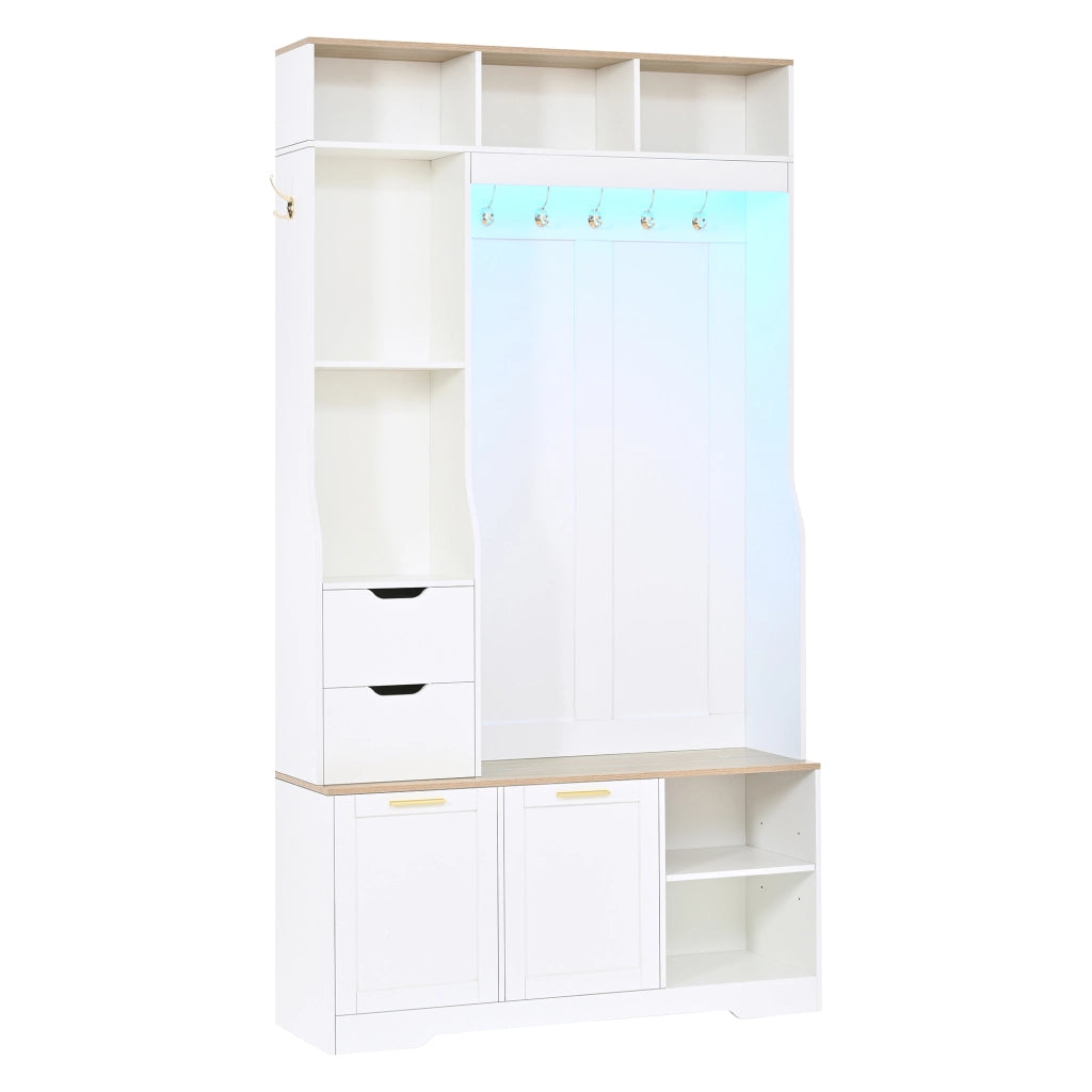 Mobile da ingresso guardaroba con 2 cassetti, 2 scarpiere a ribalta, panca e LED per corridoio, 100 × 32 × 186 cm