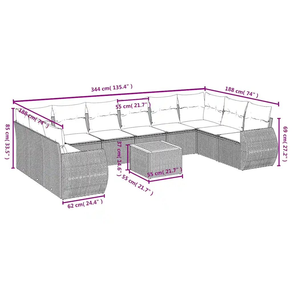 Set Divani da Giardino 11 pz con Cuscini Nero in Polyrattan 3225175