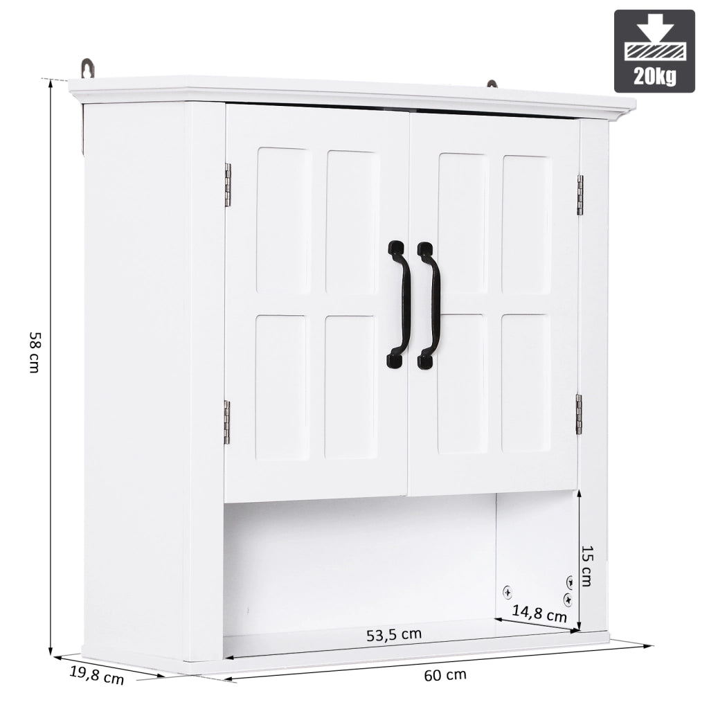 Mobiletto Pensile da Bagno Sospeso a Parete con 2 Ante Ripiani e Nicchia MDF Bianco Salvaspazio 60x20x58 cm