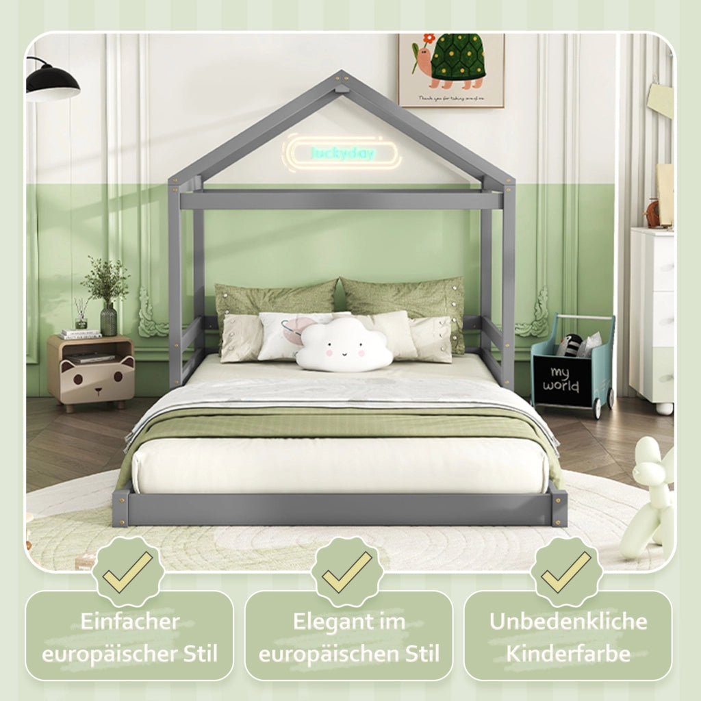 LETTO a casetta 140x200 cm in legno di pino e MDF grigio con rete a doghe