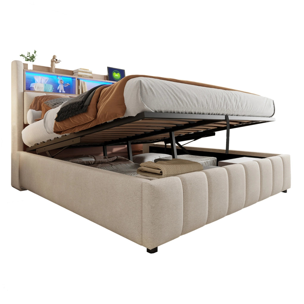 Letto imbottito beige 180 x 200 cm con LED, USB, vano contenitore e sollevamento idraulico