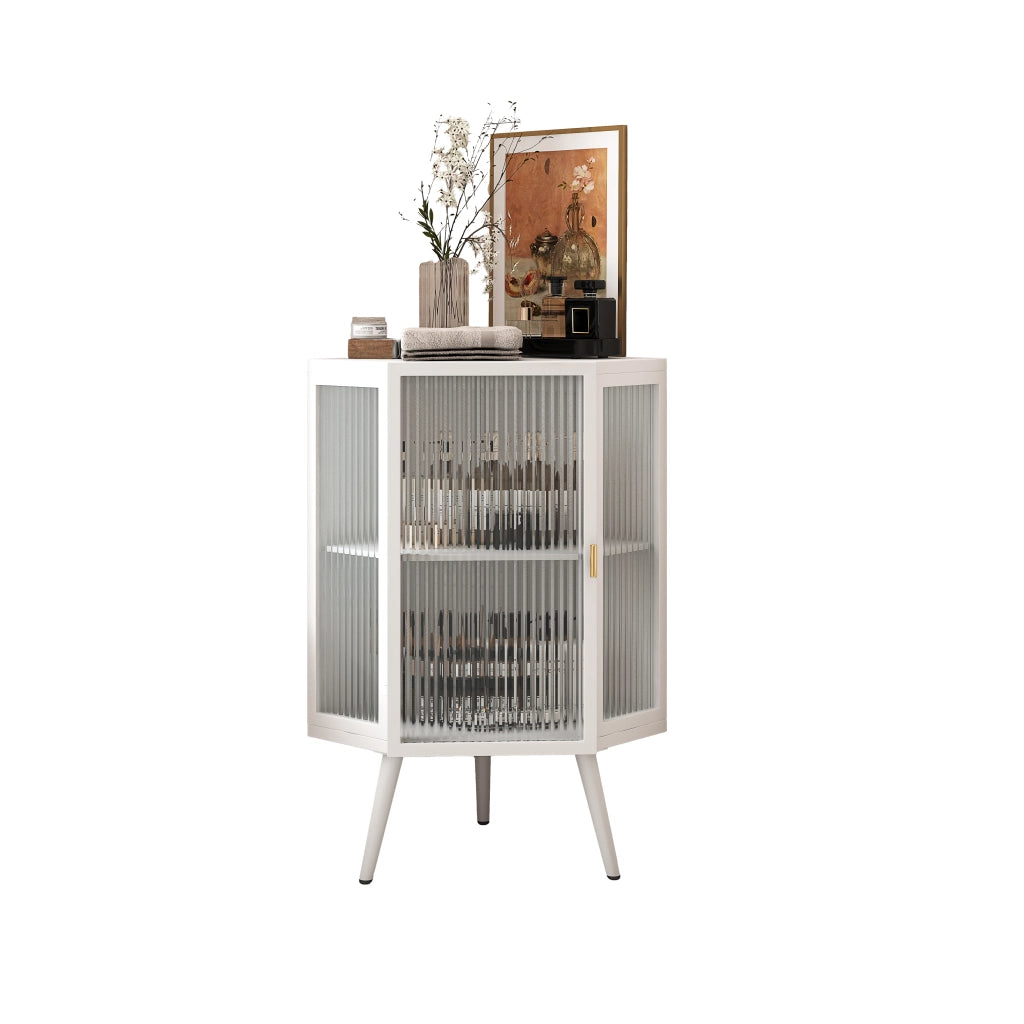 Armadio angolare da terra 80 cm, bianco, 2 livelli con ante in vetro temperato e ripiani, per bagno, soggiorno e camera