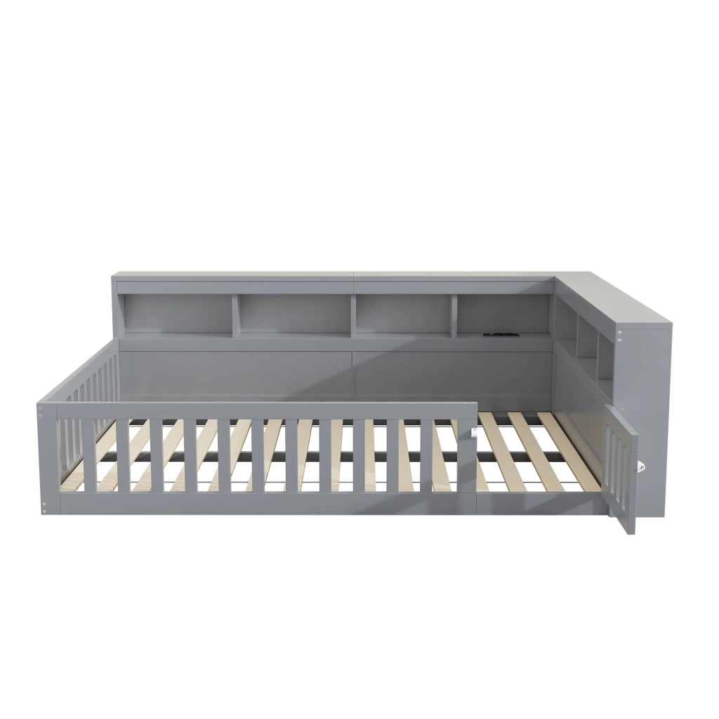 Letto divano 140 × 190 cm 2 posti con vano laterale; prese e USB; senza materasso; in pannelli di legno grigio