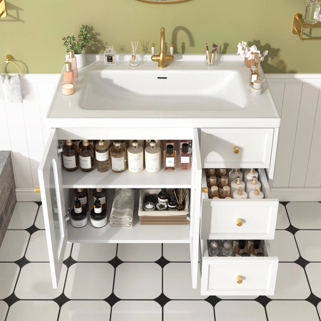 Mobile bagno sospeso con lavabo in ceramica, 2 cassetti, MDF bianco