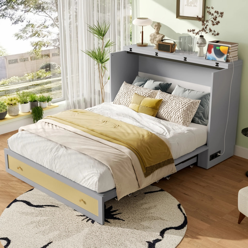 Letto trasformabile 140x200 cm con cassetti; scaffale; USB e presa di corrente; grigio