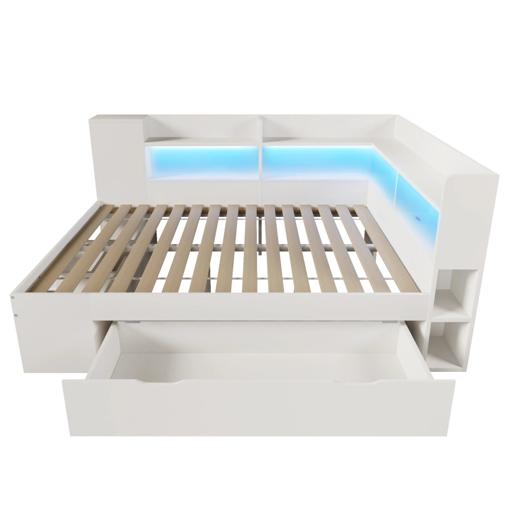 Letto Matrimoniale 140x200 cm Bianco in Legno con Cassetti; Mensole; Prese USB e Illuminazione LED