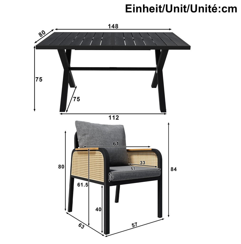 Set da Giardino Moderno con Tavolo in Plastica Legno e 6 Sedie con Struttura in Ferro e Cuscini