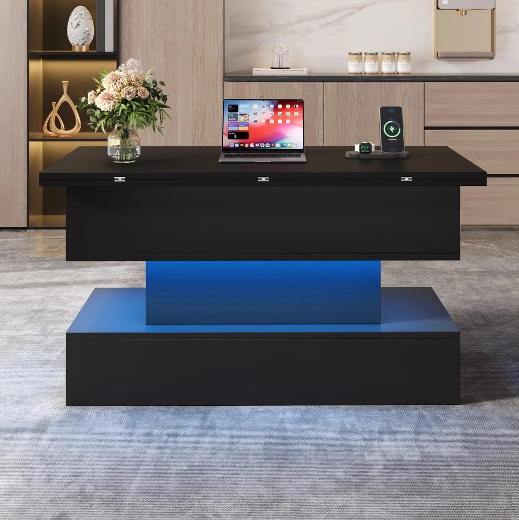 Tavolino da salotto sollevabile 100x50x51;5 cm con LED; presa integrata e spazio contenitore; nero