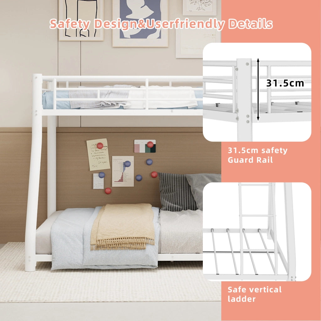 Letto a castello 90 × 190 cm e 140 × 190 cm in ferro bianco con scala sponde rialzate e rete a doghe