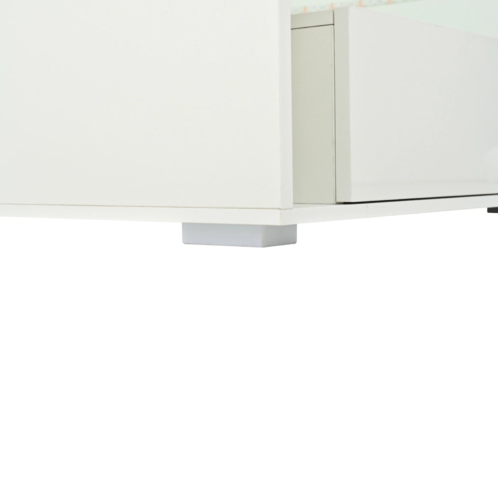 Tavolino da salotto 70x70 cm con 2 cassetti; LED e piano in vetro temperato bianco HOMVRA