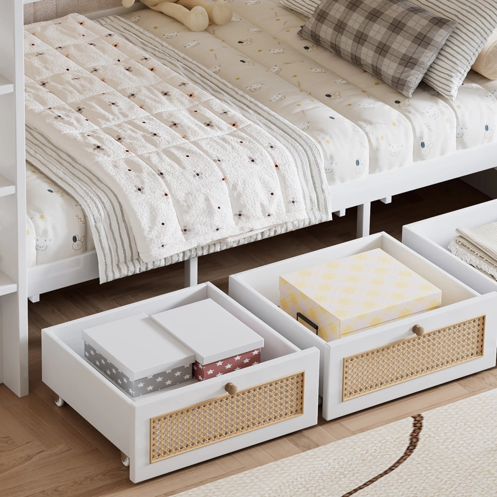Letto a castello per bambini 90 × 200 cm 2 posti con 3 cassetti, scala a 4 gradini e barriere, senza materasso