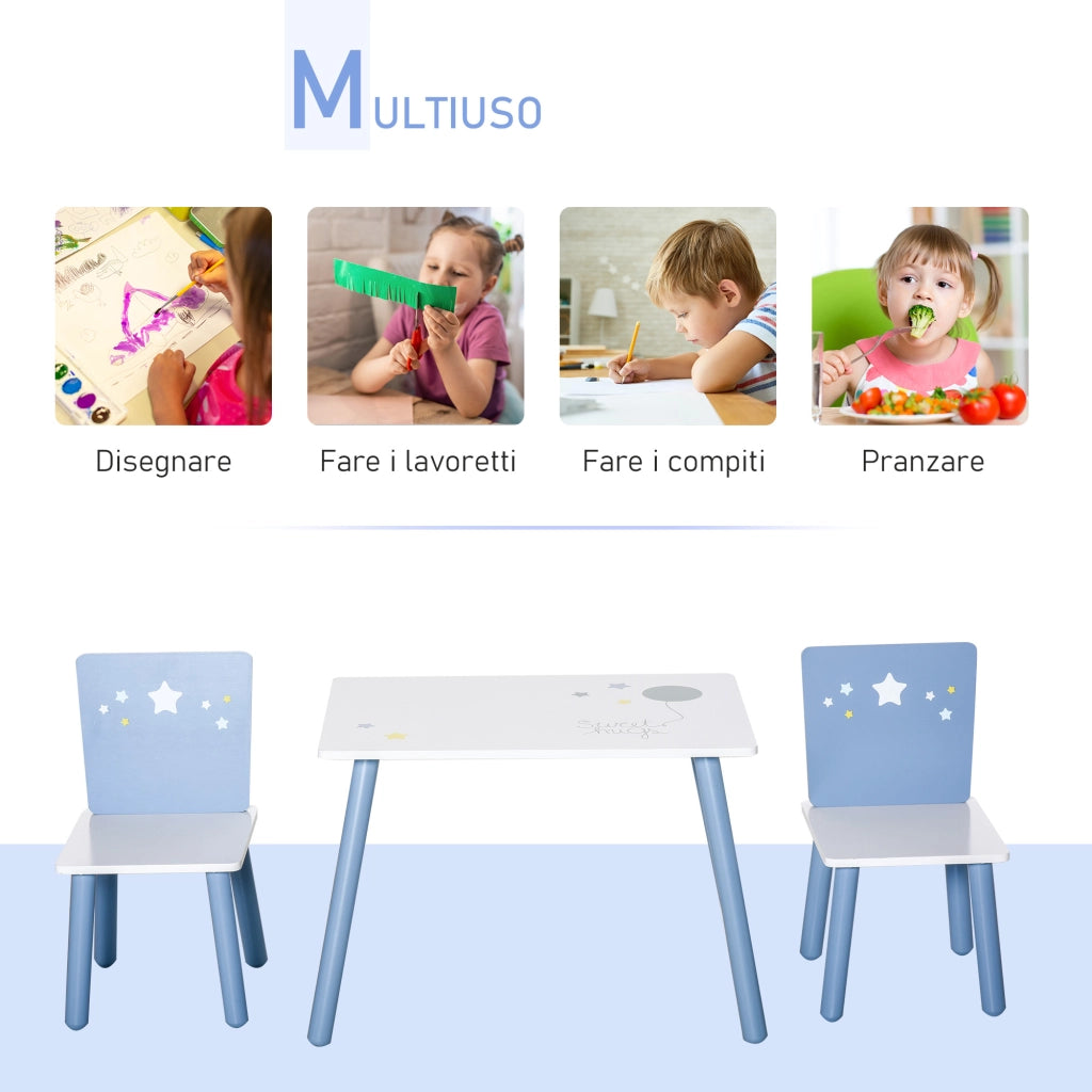 Tavolo Bambini con Sedie ¨C zephmum ¨C Legno Azzurro e Bianco
