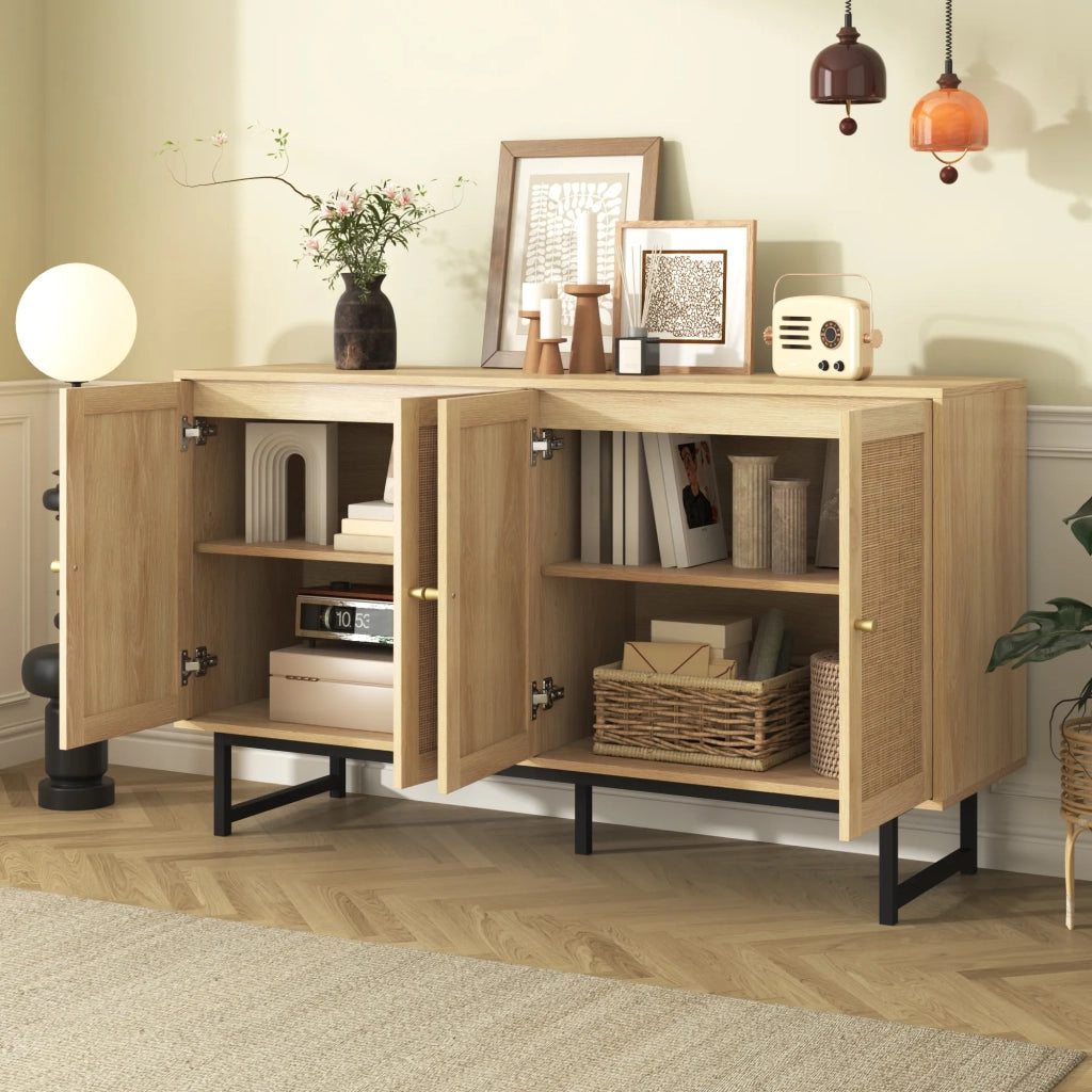Sideboard 140x39,5x80 cm con intreccio in vero rattan, 4 ante
