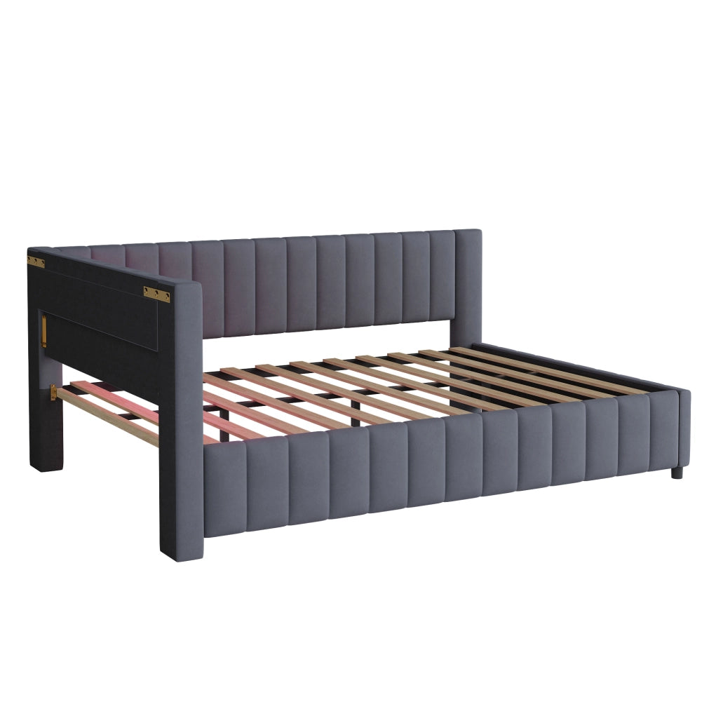 Divano Letto Imbottito in Velluto Grigio 140x200 cm con LED, USB e Schienale L-Shape