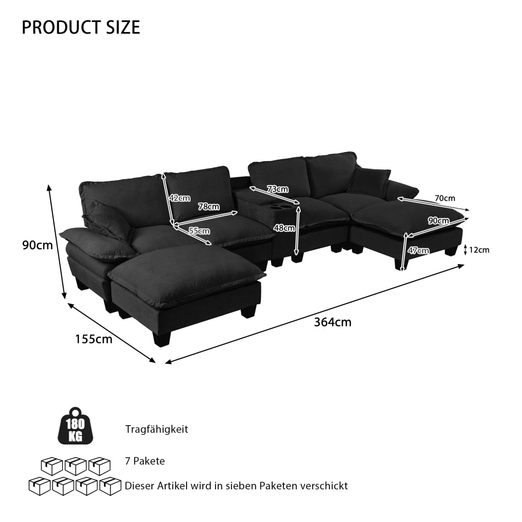 Divano Modulare a U con Ottomane, Contenitore, USB e Cuscini ¨C MINIMAL ¨C Chenille Nero