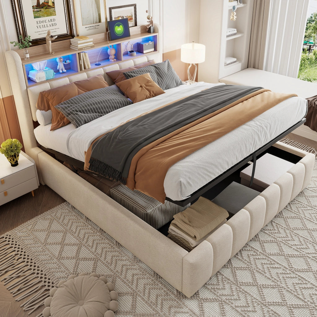 Letto matrimoniale imbottito 180 × 200 cm contenitore con LED USB e type C in tessuto di lino beige