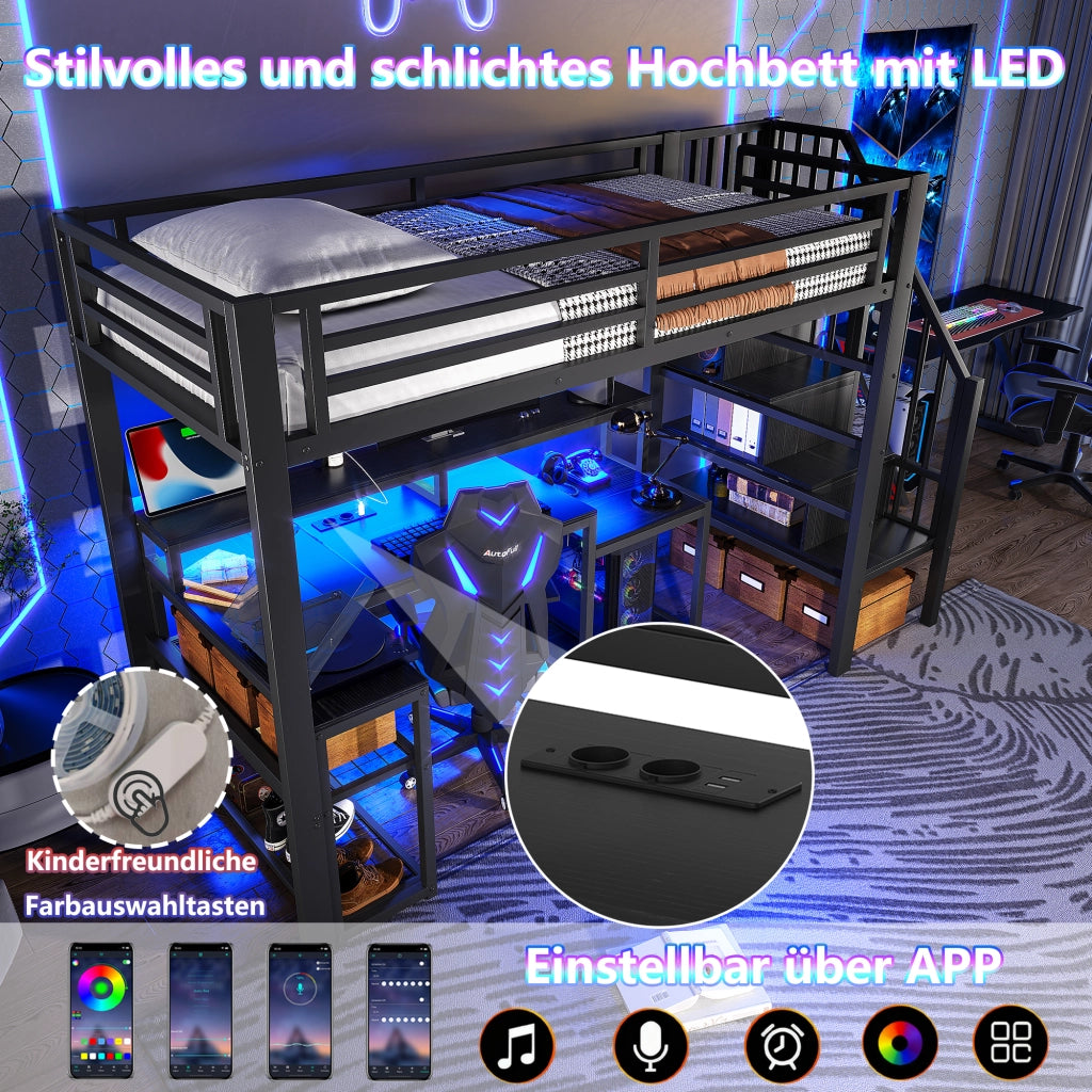 Letto a soppalco 90 × 200 cm con scrivania LED USB scale con contenitore parapetto metallo MDF nero