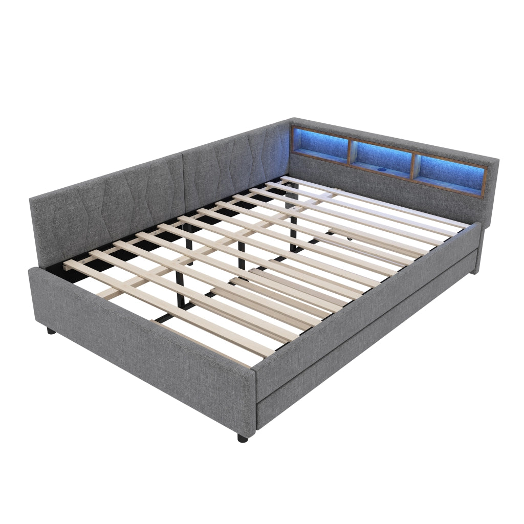 Letto 140x200 cm estraibile con LED, USB e USB-C in lino e MDF grigio