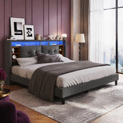 Letto imbottito 140 × 200 cm con testiera contenitore LED; 2 USB e 2 prese; rete a doghe; grigio